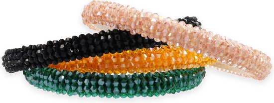 Een set van vier haarbanden in het zwart, oranje, groen en roze, allemaal bezet met glitters.