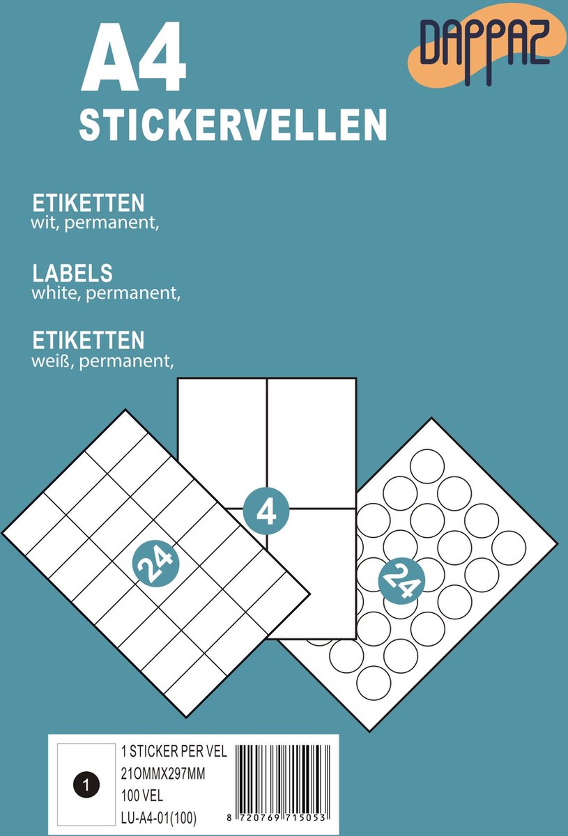 100 Stickervellen A4 Printetiketten Wit - 1 Sticker per Vel Verzendetiket - 210 x 297 mm - Etiketten Stickers Papier Zelfklevend - Dappaz — afbeelding 2