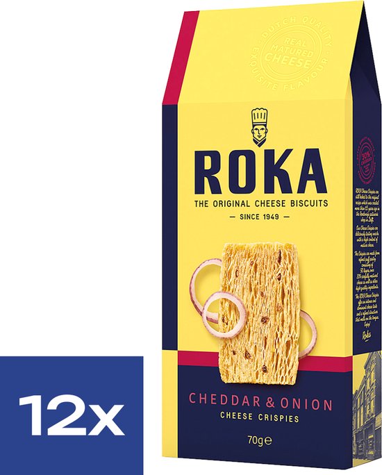 Foto: Roka cheese crispies cheddar met ui kaaskoekjes zoetige smaak van ui 12 x 70 gram