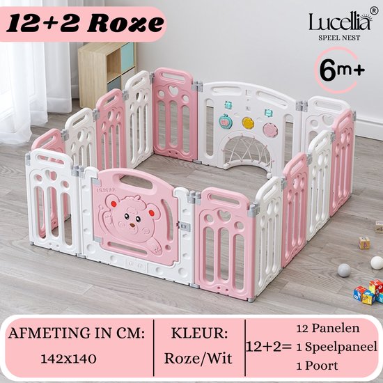 Foto: Lucellia grondbox xl inklapbare box met speelmat 142x140 cm playpen baby babypark antislip kruipbox kinderbox baby box speelbox 12 2 panelen roze bear edition