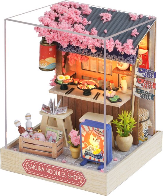 3D Sakura Noodle Shop met led-verlichting en stofkap Puzzel voor Volwassenen, Houten Modelbouwset, Cadeau voor Verjaardag Kerstmis