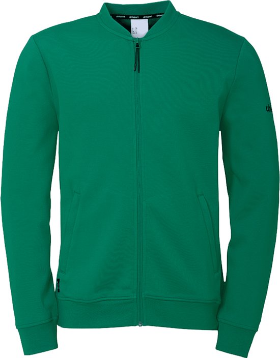 Veste verte zippée avec poches et logo 'uhlsport' sur la manche, vue de face.