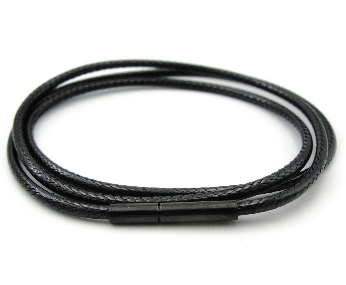 Zwart kunstleer waxkoord collier ketting 50 cm 1,5 mm dik met zwarte sluiting