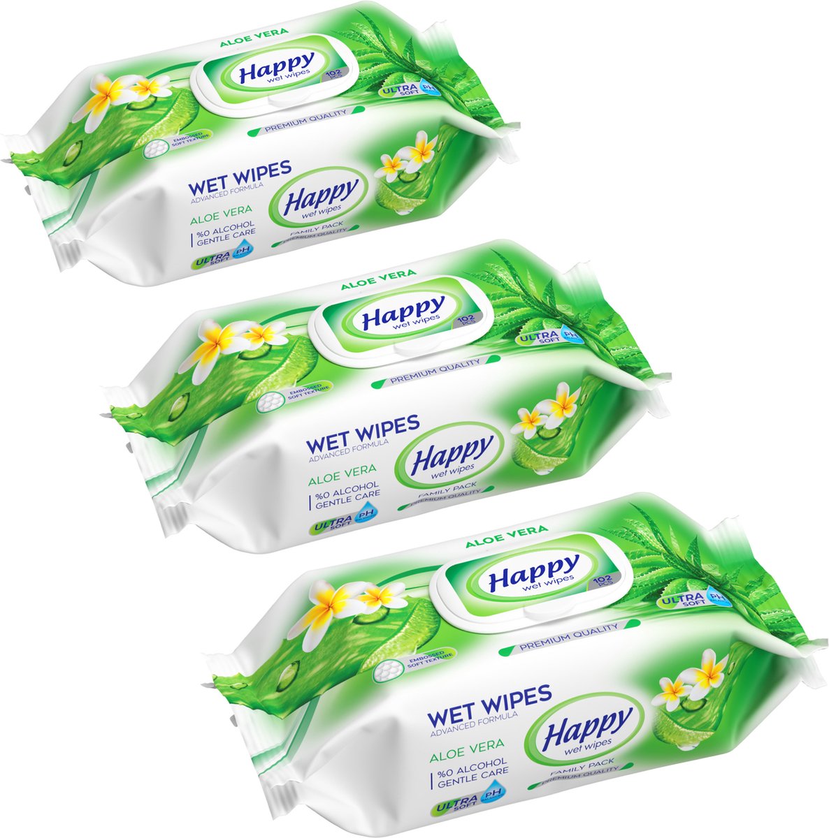 Goedkoopste Happy Wet Wipes Aloë Vera 3 x 102 vochtige reliëf doeken PH 5.5 gebalanceerd
