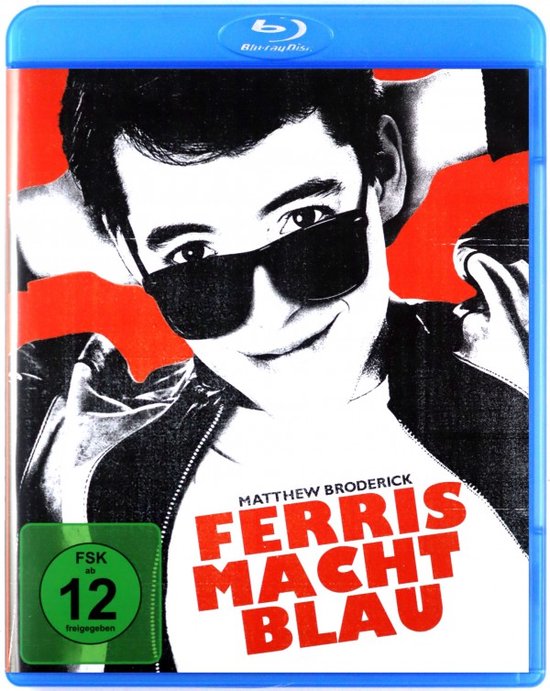 Blu-ray hoes van 'Ferris Macht Blau' met Matthew Broderick met zonnebril en een witte t-shirt.