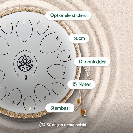 Ohana Drums® 36 cm Handpan Gewoon Wit - Tongue drum - Klankschaal - 15 noten - Handpan - Tong Drum - Klankschalen - Yoga Drum - Lotus Tong - Steeldrum - Muziekinstrument voor kinderen - Mindfulness muziektherapie - Percussie-instrumenten van Ohana Drums — afbeelding 2