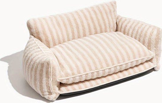 Foto: Trendy luxe gestreepte dubbellaagse hondenslaapbank van lamswol streep beige xl