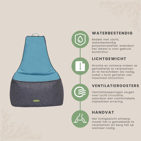 Grijze zitzak met turquoise zitvlak, waterbestendig, lichtgewicht, ventilatie en handvat.
