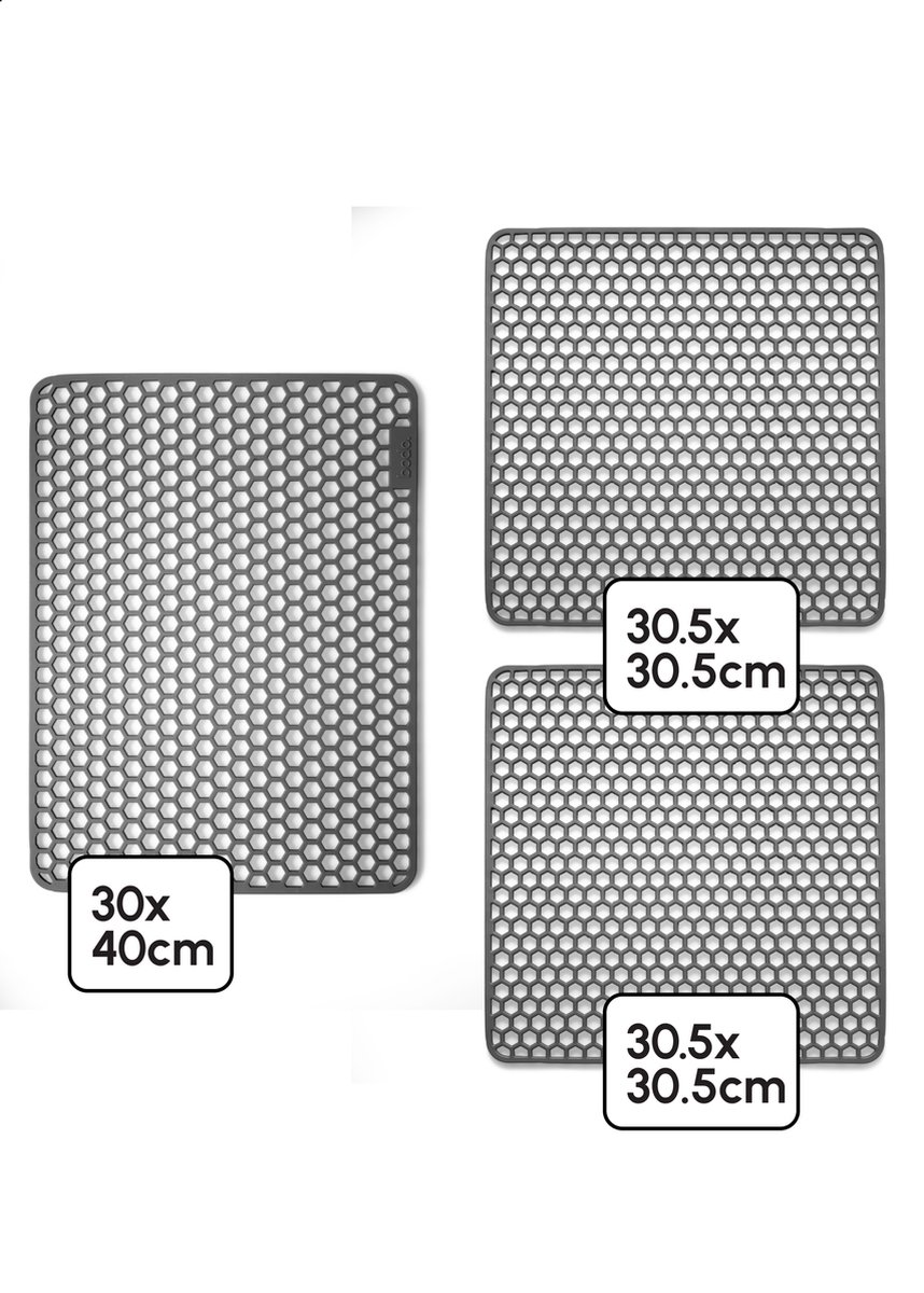Goedkoopste Bodo® - Gootsteenmat Siliconen Grijs - Combipakket - 30 x 40 cm 2 x 30.5 x 30.5 cm - Keuken Accessoires - Gootsteen Beschermer - Onderzetters Siliconen - Anti Kras - Gootsteen Accessoires