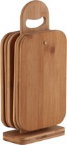 Snijplank, 7-delig, 6 plankjes van bamboehout, plankjesstandaard met ontbijtplankje, hoge snijvastheid, zacht voor lemmet, plank voor keuken, bamboo, 22 x 14 x 0,8 cm