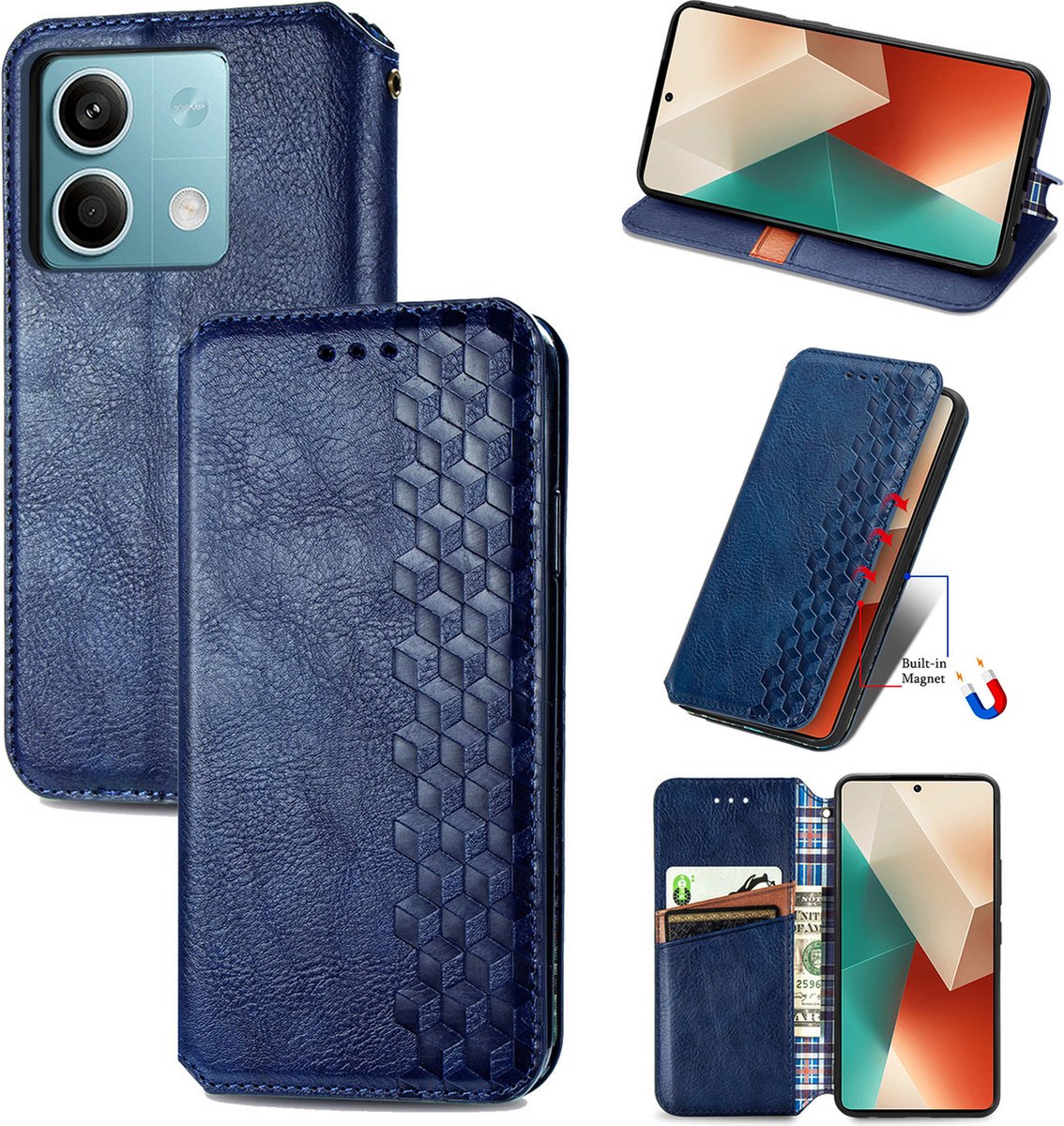 Luxe PU Lederen Ruitpatroon Wallet Case + Screenprotector voor Redmi Note 13 5G _ Blauw