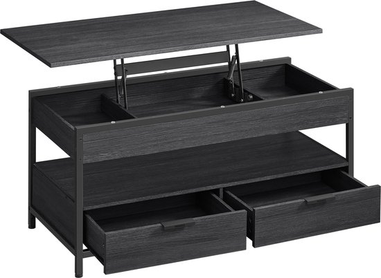 VASAGLE Table basse, table de salon avec plateau rabattable, tiroirs de rangement, avec espace de rangement ouvert et compartiment caché, gris anthracite et noir encre