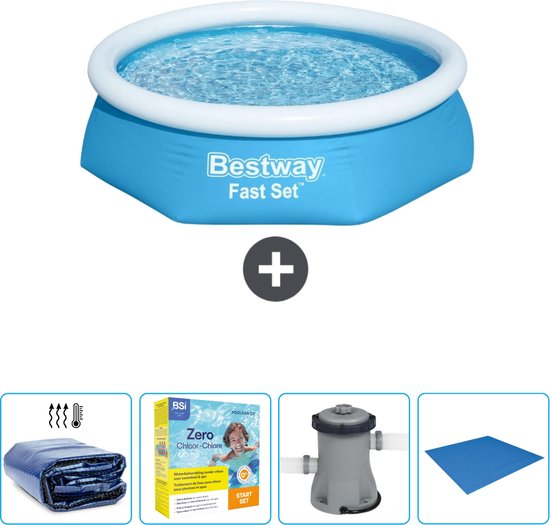 Bestway Rond Opblaasbaar Fast Set Zwembad - 244 x 61 cm - Blauw - Inclusief Solarzeil - Onderhoudspakket - Pomp - Grondzeil