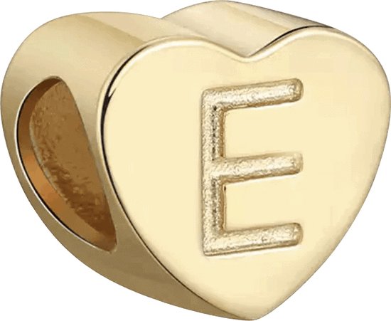 Liefde - Zilveren bedels - Bedel hart letter E | Goudkleurig 925 Sterling Zilver - Geschikt voor alle merken - Met 925 Zilver Certificaat - In Leuke cadeauverpakking - Moederdag Tip - Hartjes