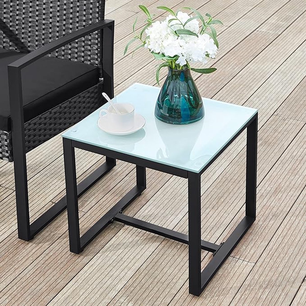 SONGMICS Balkonmeubilair, tuinset, gemaakt van PE polyrattan, loungeset, tafel en 2 stoelen, terrasmeubilair, eenvoudig te monteren, buiten, voor terras, balkon, tuin, zwart GGF010B05 – foto 3