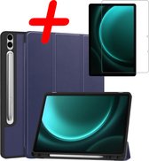 Hoesje Geschikt voor Samsung Galaxy Tab S9 FE Plus Hoes Case Tablet Hoesje Tri-fold Met Uitsparing Geschikt voor S Pen Met Screenprotector - Hoes Geschikt voor Samsung Tab S9 FE Plus Hoesje Hard Cover Bookcase Hoes - Donkerblauw