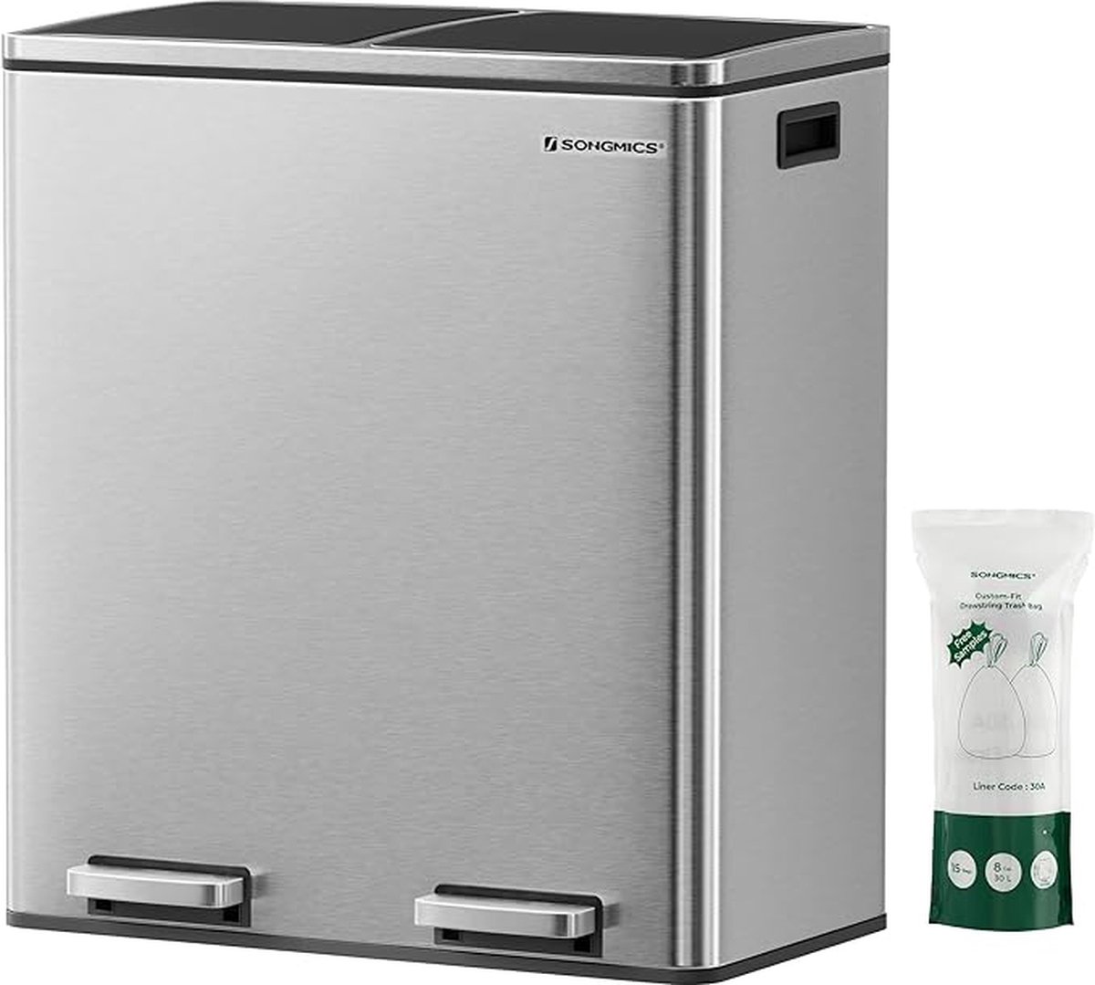 Goedkoopste Afvalemmer, 2 x 30 L, 2 compartimenten, afvalscheidingssysteem, pedaalemmer, keukenafvalemmer, 15 afvalzakken, van metaal, kunststof binnenemmer, klapdeksel, softclose - Songmics - zilver-zwart LTB60NL