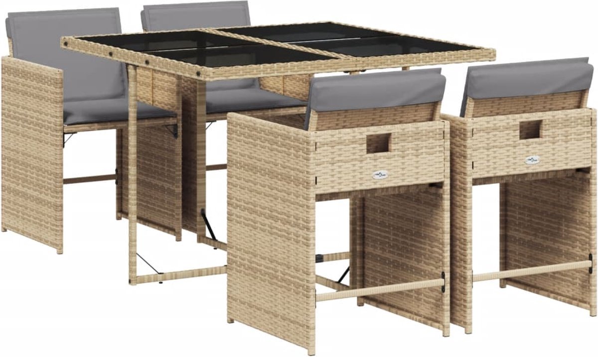 VidaXL 5-delige Tuinset met kussens poly rattan gemengd beige