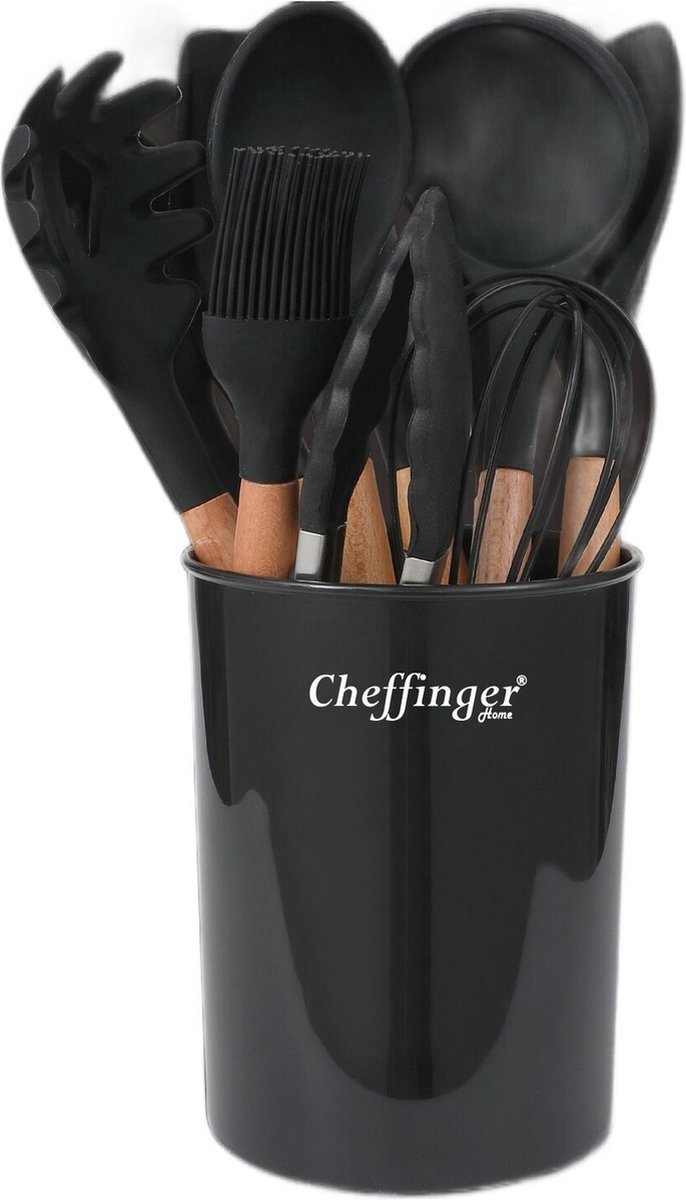 Cheffinger Keukengerei Set met Houder - 12-delig - Zwart - Kookgerei Set