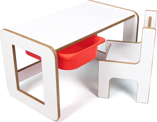Industrial Living kindertafel met rode lade - Speeltafel - Tekentafel - Activiteitentafel met kinderstoel - Kinderbureau - Hout - Wit