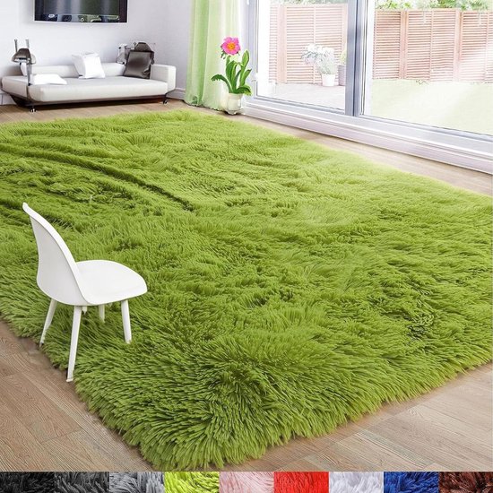Shaggy hoogpolig tapijt voor woonkamer - Onderhoudsvriendelijk en waterdicht - 60 x 100 cm - Grasgroen Tapijt