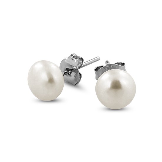 New Bling 9NB-0129 - Clous d'oreilles en argent - perle ronde 7 mm - argenté / blanc