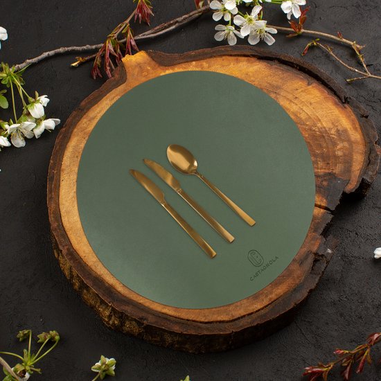 Castagnola Napperons de table aspect cuir - Napperons ronds - Set de table antidérapant en simili cuir - Sous-couche hydrofuge - Dessous de verre - 6 pièces - Diamètre 38 cm - Vert