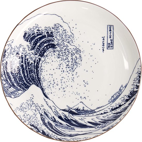 Wit bord met de iconische blauwe Hokusai-golf, bergen en Japanse karakters, bruine rand.