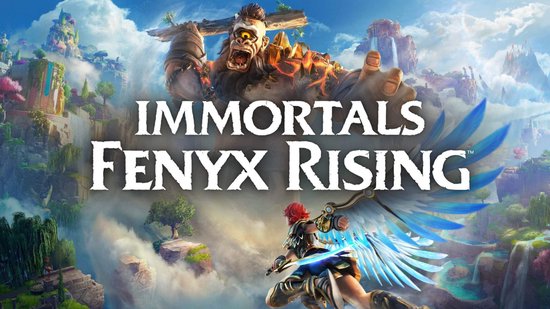 Gamecover van Immortals Fenyx Rising voor Xbox. Grote cyclops kijkt dreigend naar Fenyx met vleugels.