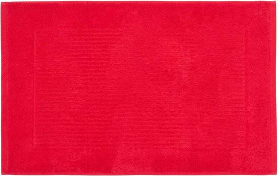 Een helderrode badmat met een subtiel ingeweven rechthoekig patroon en een decoratieve rand.
