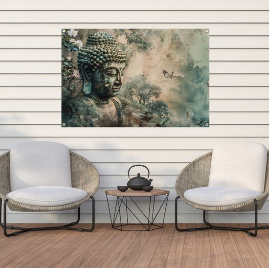 Boeddha tuinposter - Sculptuur posters - Tuinposter Bloem - Balkon decoratie - Tuinaccesoires voor aan de muur - Decoratie tuin tuinposter 150x100 cm