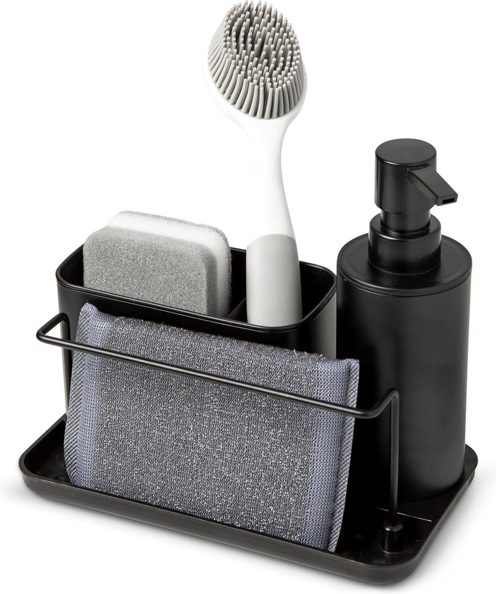 Spoelbakorganizer met zeepdispenser en afwasborstelhouder Ideaal voor keukenspoelbak Zwart 21 x 12 x 19 cm Sink organizer