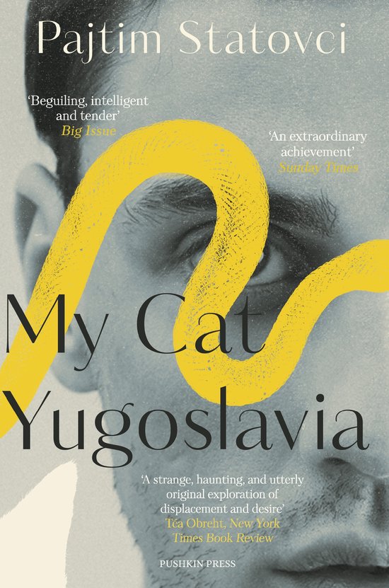 Boek "My Cat Yugoslavia" van Pajtim Statovci met gele kronkel op een grijze achtergrond.