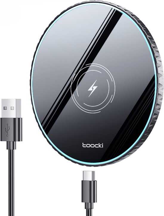 Zwarte ronde draadloze oplader met USB-C-kabel. Opgelicht met blauw accent.