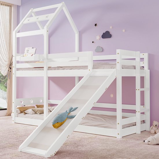 Sweiko Kinderbed Stapelbed, boomhut bed met glijbaan, ladder, 90 x 200 cm, 2 Platte noedelslijsten, Wit