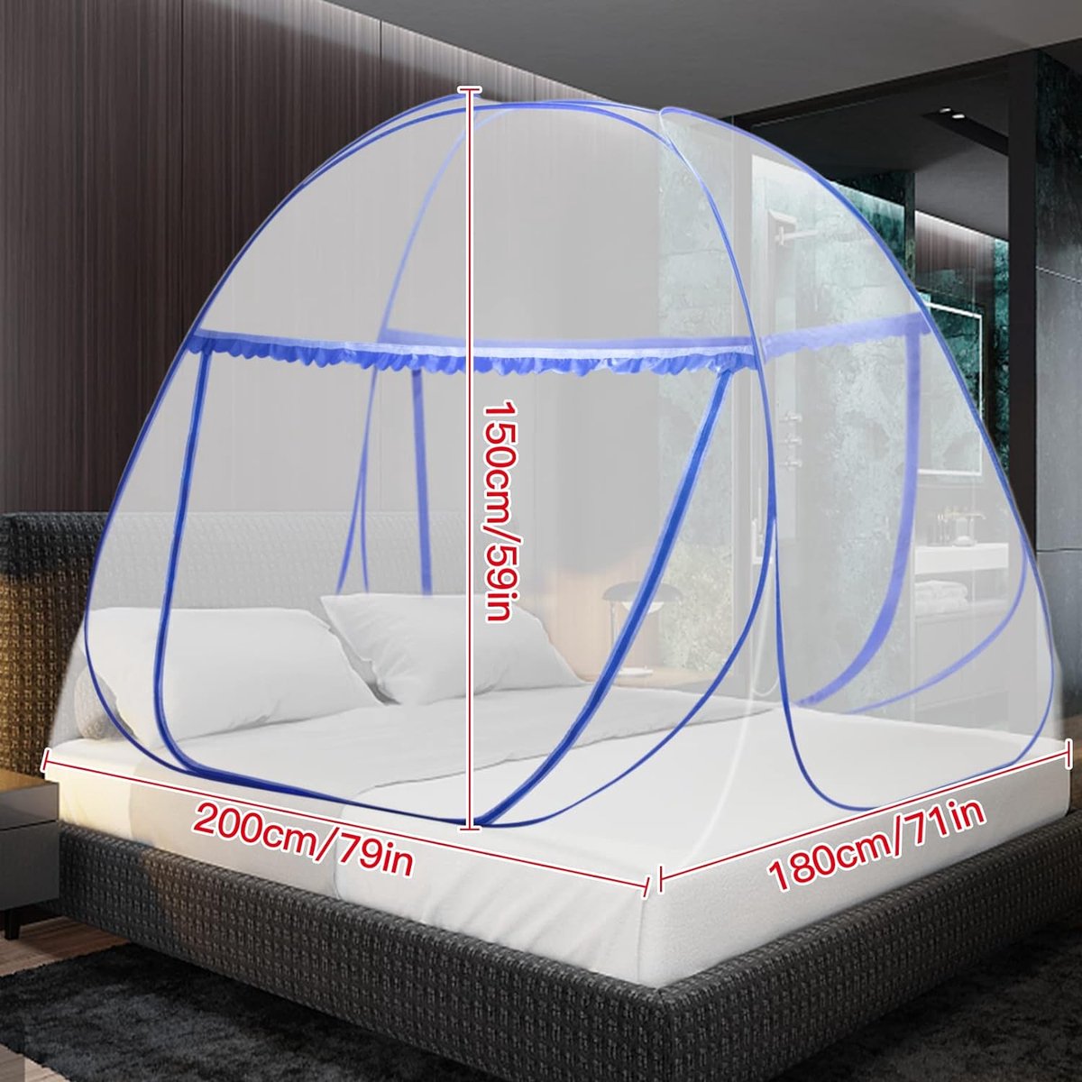 Klamboe-bed, pop-up opvouwbare dubbele deur, luifel, draagbare insectenbescherming voor slaapkamer, outdoor, camping, reizen, muggen/ campingtent met onderkant, voor volwassenen, 200 x 180 x 165 cm