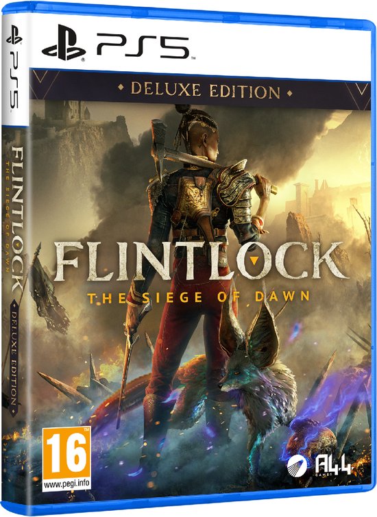 Playstation 5 speldoos 'Flintlock The Siege of Dawn', Deluxe Edition, met hoofdpersoon en vos.