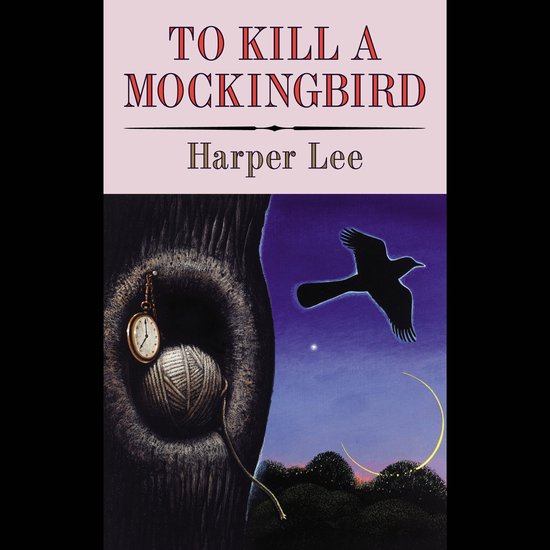 Livre "To Kill a Mockingbird" de Harper Lee avec une illustration d'un arbre, d'une montre de poche, de laine et d'un oiseau.