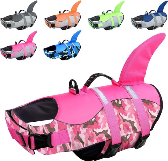 Zwemvest voor honden, haai, licht en veilig voor watersport, hondenzwemvest met handvat en reflecterend voor kleine, middelgrote en grote honden, roze camouflage, XXL