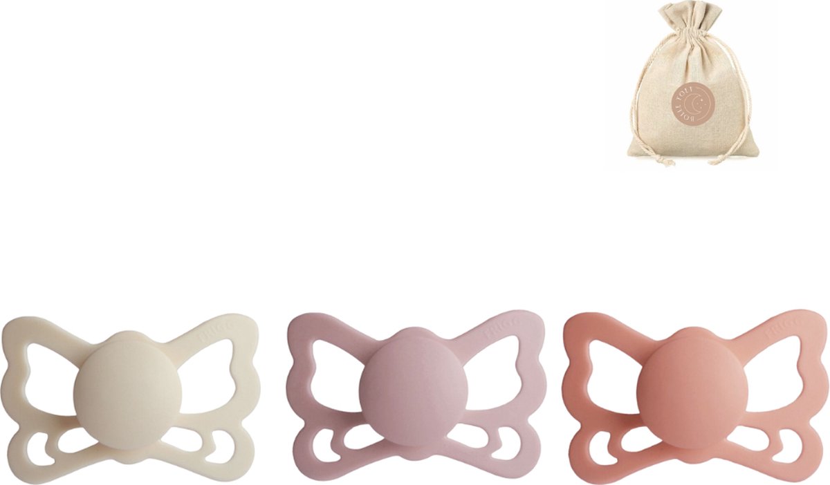 Goedkoopste Frigg butterfly spenen siliconen anatomisch T2 (6-18 maanden) speenzakje - Cream, Blush en Peach - fopspenen