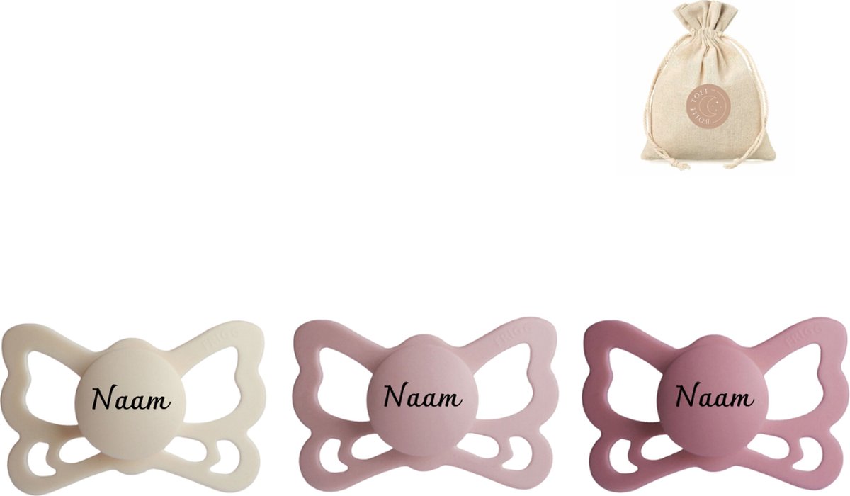 Goedkoopste Frigg butterfly spenen siliconen anatomisch - met naam T2 (6-18 maanden) speenzakje - Cream, Blush en Cedar - fopspenen