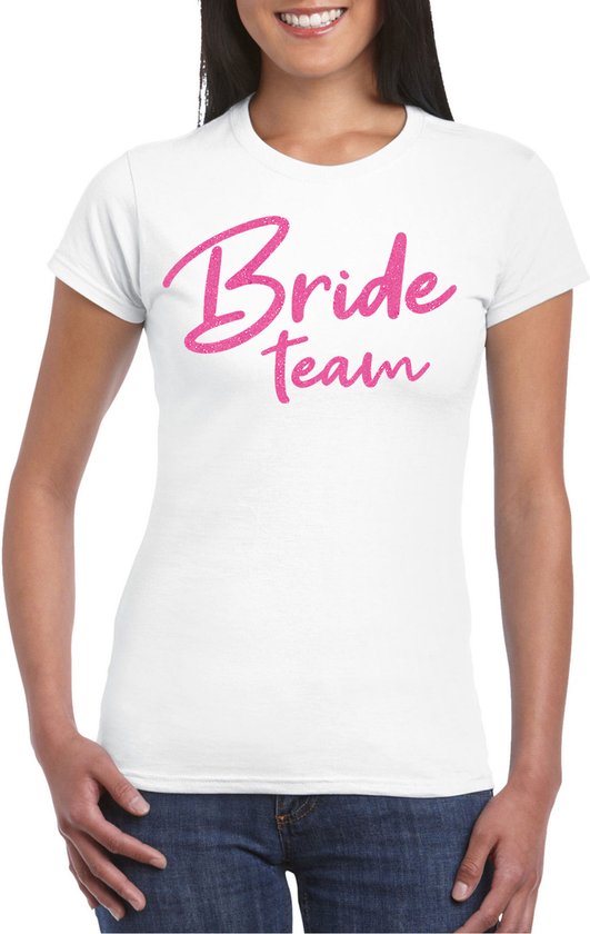 Bellatio Decorations Vrijgezellenfeest T-shirt dames - Bride Team - wit - glitter roze - bruiloft XXL
