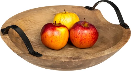 Houten fruitschaal met zwarte handvatten, gevuld met drie appels: twee rood met geel, één geel.
