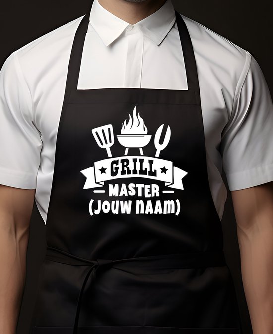 Tablier de cuisine Zwart - personnalisé avec votre nom | 65x90cm | Grillmaster | 100% coton | Tablier / Tabliers de cuisine | Cadeau d'anniversaire | BBQ - FÊTE DES PÈRES - FÊTE DES MÈRES