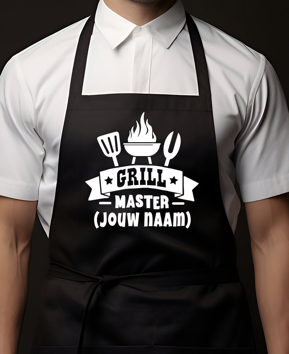 Keukenschort Zwart - Gepersonaliseerd Met Jouw Naam | 65x90cm | Grillmaster | 100% katoen | Schort / Keukenschorten | Verjaardags cadeau | BBQ - VADERDAG - MOEDERDAG - Met tekst