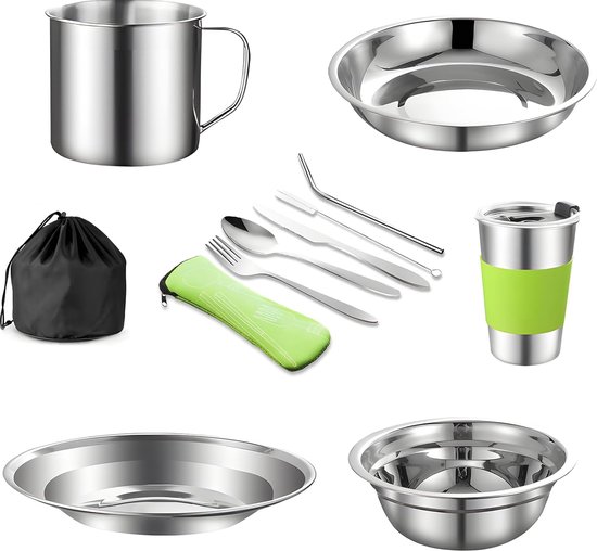 Campingservies Set 10-delig – Roestvrij Staal – Voor 2 Personen – Met Borden, Bekers, Bestek – Blauw – Vaatwasserbestendig