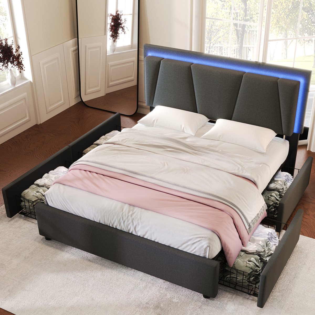 Sweiko Gestoffeerd bed met LED verlichting en 4-laden, 140x200cm, in hoogte verstelbaar hoofdeinde, eenpersoonsbed Opbergbedden Bed frame, Houten lattenbod, Grijs (Zonder matras) Donkergrijs
