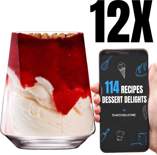 TEN® Elite IJsglazen Kristalglas 510 ml - 12 Stuks + 114 DESSERTRECEPTEN - Dessertbekers - IJs Glazen - IJscoupes - IJsglas Sorbetglazen Milkshake