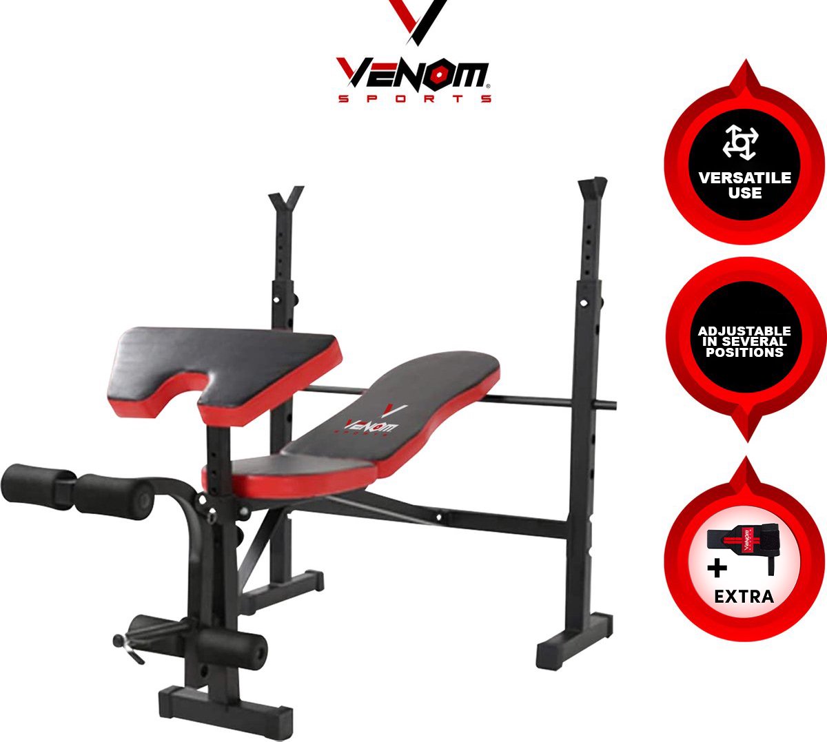 Bol.com Venom Sports halterbank – Fitnessbank – Verstelbare rugleuning – Uiterst geschikt voor gewichten – Incl. Beenhouder – Za... aanbieding