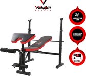 Venom Sports halterbank – Fitnessbank – Verstelbare rugleuning – Uiterst geschikt voor gewichten – Incl. Beenhouder – Zachte handgrepen – PU kussens – Triangel structuur – Inklapbaar -B115xL145-175xH95-125 cm Zwart